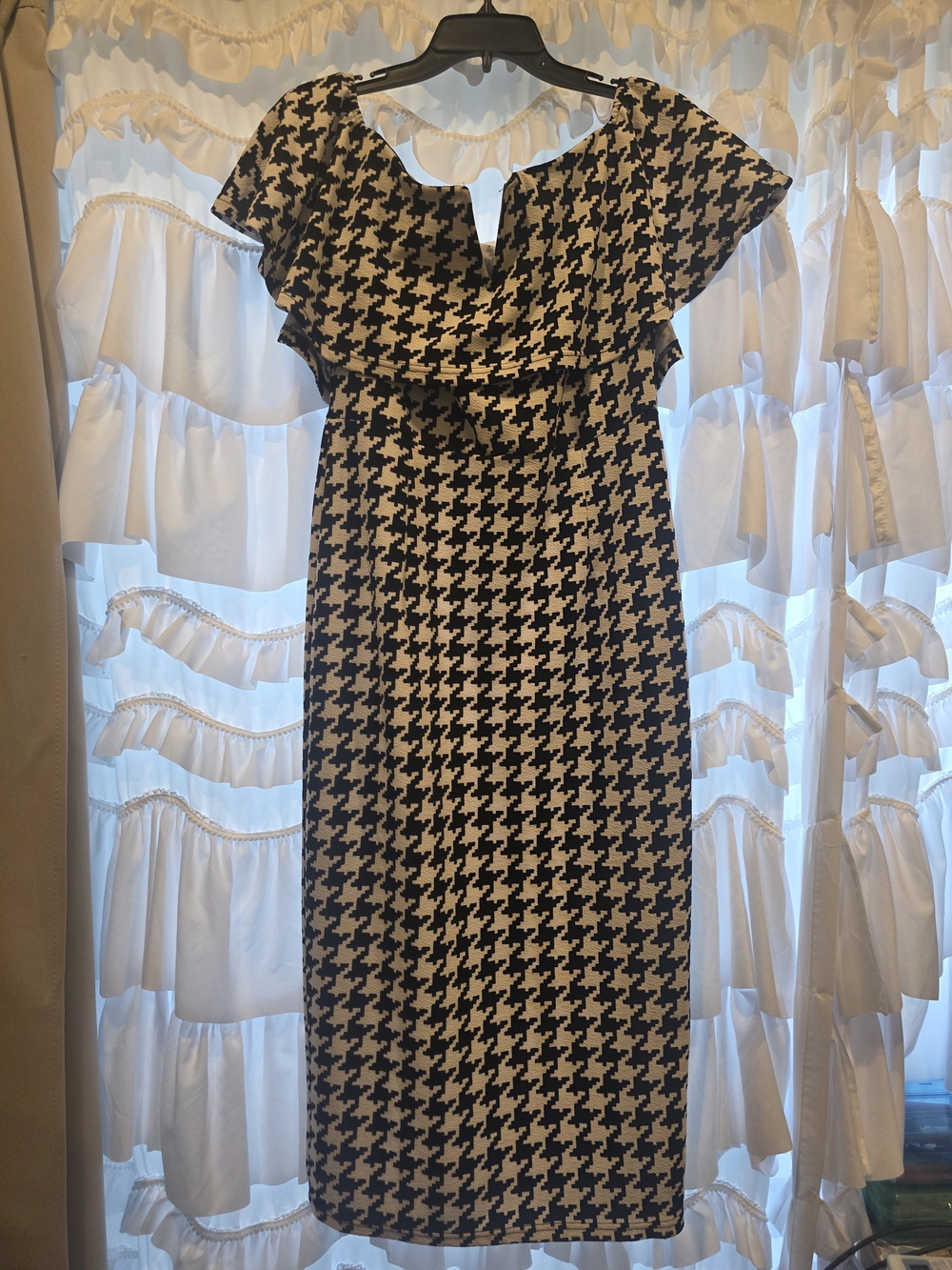 SHEIN Black & White Houndstooth Ruffle-Trim Midi Dress - Picture 5 of 6